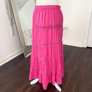 Early 2000's Kim Rogers Boho Cottage Fairy Pink Cotton Lace Tiered Maxi Skirt M